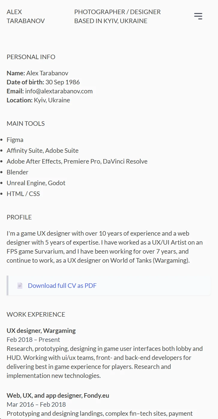 CV layout, mobile first